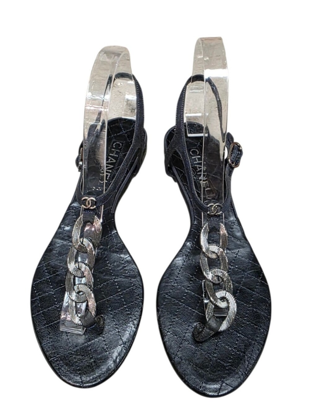 CHANEL Quilted Leather CC Silver Chain Thong Sandals 38/US 7.5-8